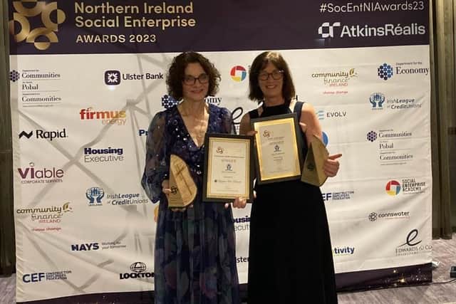 Mary Crumley (Education & Training Officer) and Joan Gallagher (CEO) receiving the awards on behalf of Derry Credit Union.