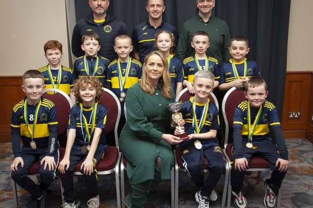 Caroline Casey, manager, O’Neills Sports Superstore, Derry presenting the U8 Winter Cup to Don Boscos FC at the Annual Awards in the City Hotel on Friday night last. Included are coaches Shane McCallion, Brian Crossan and Johnny Wright.