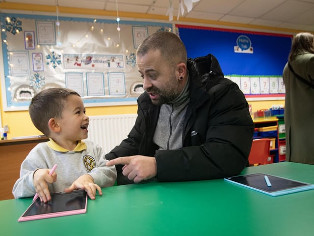 Dad Gareth Gray and his son Emerson pictured having some fun during the Model PS Open Day on Monday last. : .