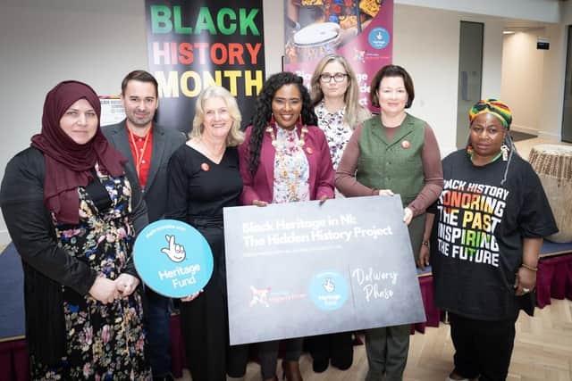 Launching the 'Black Heritage in NI: Hidden History Project', funded and supported by National Lottery's Heritage Fund. From left are: Former North West Migrants Forum Programmes Manager and Research Dr Naomi Green, Dr Philip McDermott of Ulster University, Olive Hill of the National Lottery Heritage Fund, Mayor of Derry City and Strabane and Chief Executive of the Migrants Forum, Lilian Seenoi Barr, Chair of the North West Migrants Forum, Marija Stuke, Margaret Henry of the National Lottery Heritage Fund and Migrants Forum Board Member Beverly Simpson.