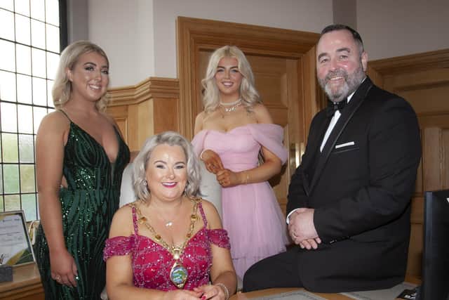 Mayor of Derry City and Strabane, Councillor Sandra Duffy with husband Kevin and daughters Dearbhla and Emer.