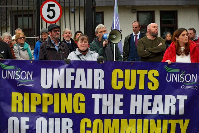 Niall McCarroll, Derry Trades Union Council, speaking at a protest outside BBC Radio Foyle, on Northland Avenue, on Wednesday afternoon against proposed cuts to jobs and services by BBC Northern Ireland as part of a cost-cutting and restructuring project. Photo: George Sweeney. DER2248GS – 39