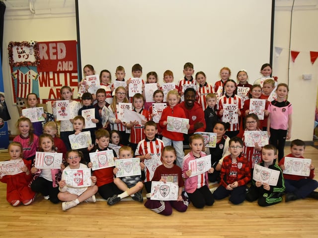 Derry City Football Player Kevin dos Santos is the special guest for Rosemount Primary Schools Red & White Day.