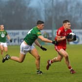 Derry’s Ethan Doherty holds off Meath’s Harry O’Higgins during the recent game at Owenbeg. Photo: George Sweeney. DER2308GS – 57