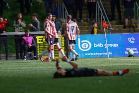 Michael Duffy celebrates his winning goal against Cork City last week.