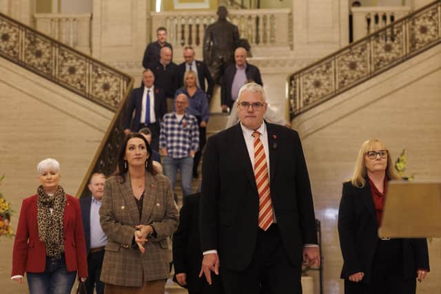 DUP leader Gavin Robinson (centre right) with Deputy First Minister Emma Little-Pengelly (centre left) and party colleagues arrive to speak to the media at a press conference at Parliament Buildings, Stormont, Belfast, where Mr Robinson announced that Ms Little-Pengelly would cease participating in joint engagements with Sinn Féin First Minister Michelle O’Neill. He also said Ms Little-Pengelly would not give permission for Ms O’Neill to undertake engagements alone in her role as First Minister. Picture date: Thursday October 29, 2026. Photo credit should read: Liam McBurney/Press Association