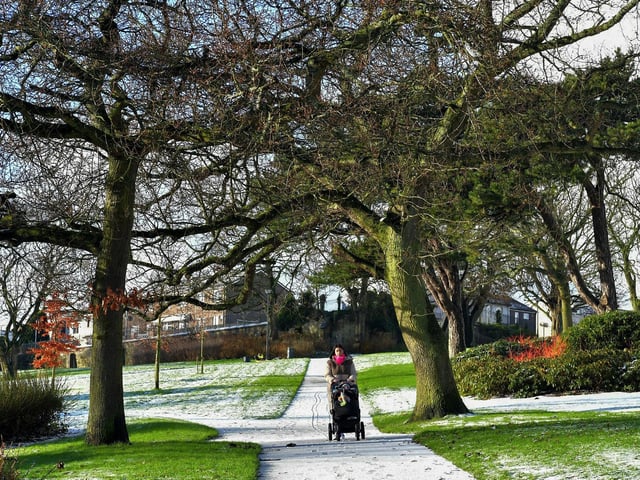 A light covering of snow in Brooke Park on Tuesday morning. Photo: George Sweeney