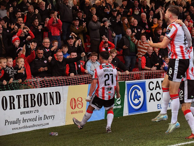 Derry City’s Danny Mullen celebrates scoring against Shelbourne. Photograph: George Sweeney