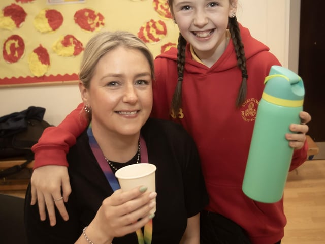 P7 pupil Niah Barfield pictured with her mum Clare at Friday's Coffee Morning.