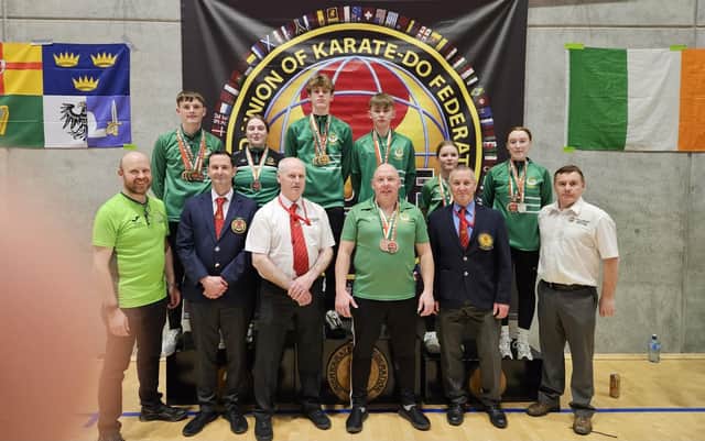 Members of the Ulster Karate Federation who won medals at the WUKF Irish Open in Waterford. Pictured at back, from left, are Caolan Caulfield, Erin McCole, Patrick Moynihan, Philip Walker, Lara Walker and Aine McCole. Front, from left, Sean Moynihan (table official), Eamonn Doherty (referee), Denis Donaghy (referee), Gareth Walker, Columba McLaughlin (chief referee) and Martin McCole (referee and UKF head coach).