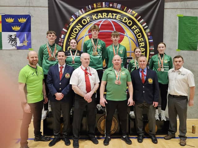 Members of the Ulster Karate Federation who won medals at the WUKF Irish Open in Waterford. Pictured at back, from left, are Caolan Caulfield, Erin McCole, Patrick Moynihan, Philip Walker, Lara Walker and Aine McCole. Front, from left, Sean Moynihan (table official), Eamonn Doherty (referee), Denis Donaghy (referee), Gareth Walker, Columba McLaughlin (chief referee) and Martin McCole (referee and UKF head coach).