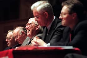 Willie Ross, between Ian Paisley and Peter Robinson, with Cedric Wilson, Roy Beggs and William Thompson, at an anti-Good Friday Agreement rally in  1998. PICTURE BY STEPHEN DAVISON/PACEMAKERPICTURE BY STEPHEN DAVISON/PACEMAKER