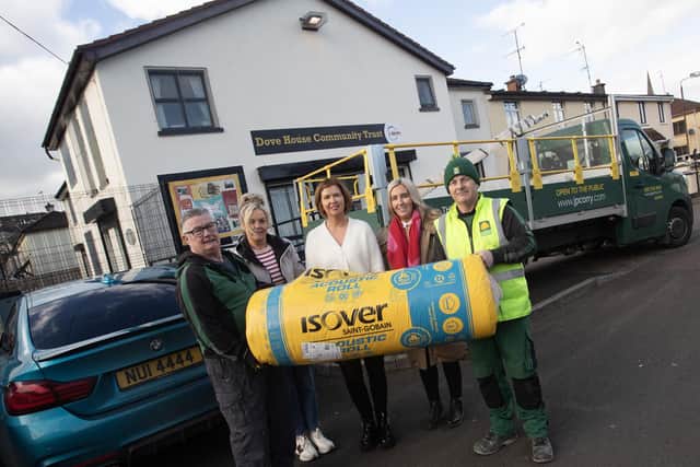 DELIVERY ON TIME!. . . .JP Corry's Sean White just handing over the last of the materials on Tuesday last to Bernard Crumlish, Project Manager, Kitty Crumlish, Jayne Quigg, DHCT Manager and Jennifer Palmer. (Photos: Jim McCafferty Photography)