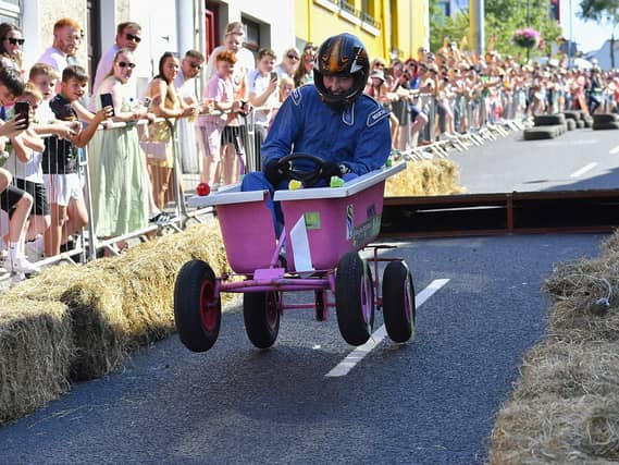 There were spills and thrills during the Carndonagh Festival Soapbox Derby held on the town centre on Saturday afternoon. Photo: George Sweeney