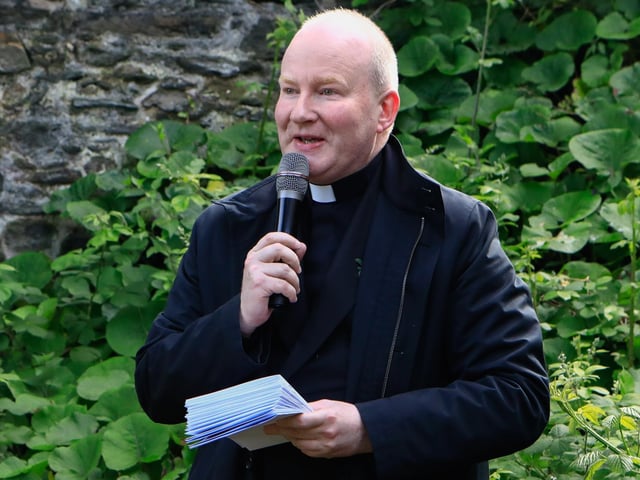 Fr. Gerard Mongan speaking at the Vespers (Evening Prayer) at Lumen Christi bell-tower as part of St Columba’s Day celebrations. (Photo - Tom Heaney, nwpresspics)