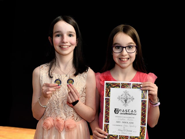 Aideen Mullan was awarded first in English Poem, Irish Poem and Comhra. Chiodhla Mullan was highly commended for P6 Verse at Feis Dhoire Cholmcille. Photo: George Sweeney