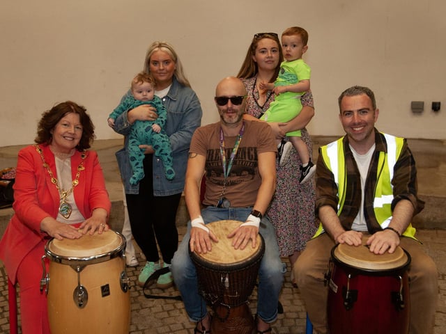 The Mayor, Patricia Logue joins in one of the drumming workshops during Friday's GSAP/Ethos Family Fun Day at Belmont's Playtrail.