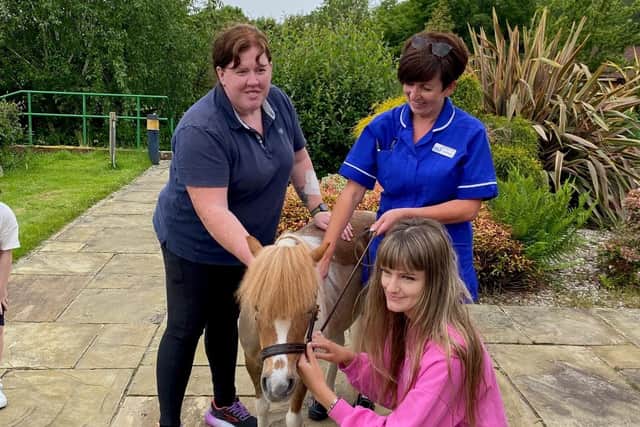 Star pictured with staff and volunteer at Happy Hooves.