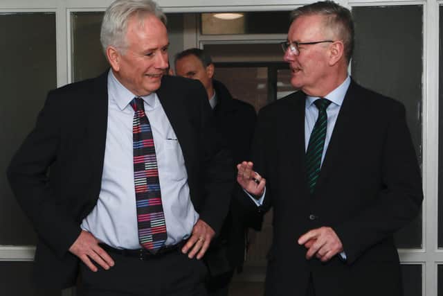 Former Minister for Health, Mike Nesbitt chatting to Dr. Tom Black on his arrival at Abbey Medical Practice, Abbey Street - Western Federation Support Unit, in February. (Photo - Tom Heaney, nwpresspics)