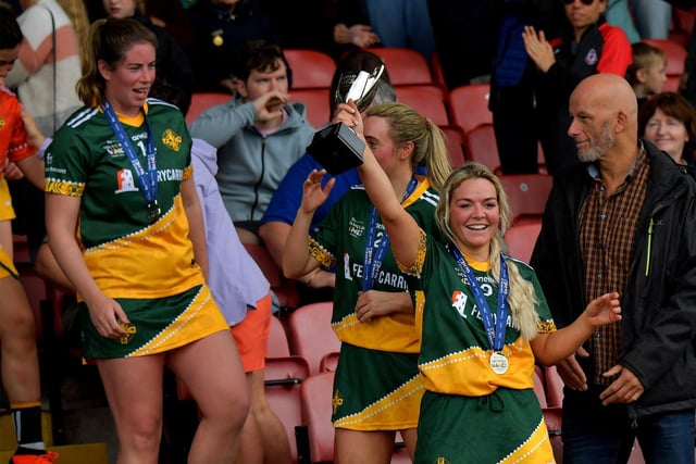 Australasia captain Shell Farrell and her team celebrate winning the GAA World Games Ladies Open Knockout final in Celtic Park on Friday morning. Photo: George Sweeney. DER2330GS - 210