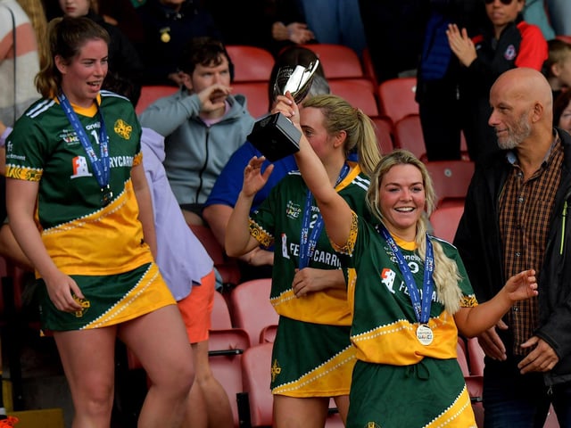 Australasia captain Shell Farrell and her team celebrate winning the GAA World Games Ladies Open Knockout final in Celtic Park on Friday morning. Photo: George Sweeney. DER2330GS - 210