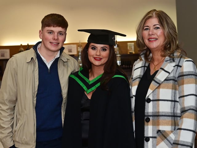 Pacemaker Press 13/12/22
Ciara Mone with Malachy Boylan (left) and Mum Bridget Mone ,Who graduated in Nursing at the Ulster University graduation in the Millennium Forum in Derry on Tuesday.
Pic Pacemaker:.