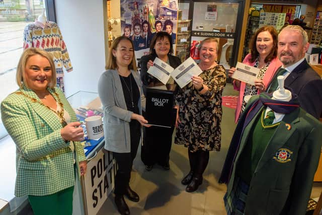 The Derry Girls Taster display has officially been unveiled by the Mayor Councillor Sandra Duffy in the Visit Derry Centre in the city’s Waterloo Place ahead of the opening of the Derry Girl’s Experience in July this year. The display contains some of the artefacts which featured in the filming of the globally successful Channel 4 series. Picture Martin McKeown. 16.03.23