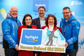 The Mayor, Patricia Logue, and Steve Frazer, Managing Director at City of Derry Airport, at the launch of the airport's ski programme.