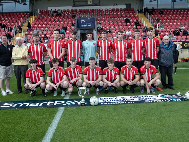 The Tristar FC team who played Phoenix in the Jimbo Crossan Memorial Cup final at Brandywell on Saturday. Included are Jobby Crossan and Dean Smyth and Liam Smyth, D&D officials. (Photos: Jim McCafferty Photography)