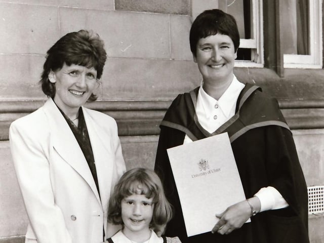 Photographs of students, professors, and proud parents during the Magee graduations in June 1995.