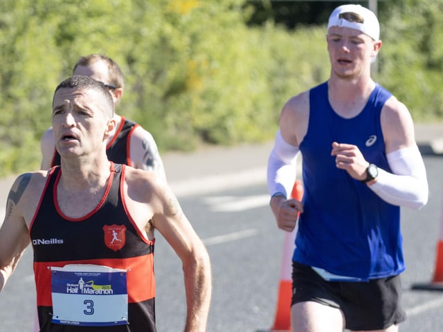 Martin Lynch [Milford] sets the pace at the start of the Strabane Lifford Half Marathon.