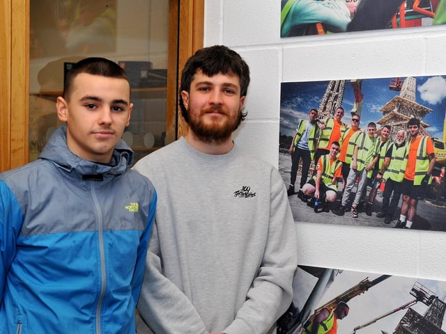 Brandon Lynch, left, who helped construct David Best’s temporary space of healing’ Sanctuary’ in Bedford, England, to commemorate those who lost their lives during the Covid – 19 pandemic pictured with videographer Ruairi Campbell at the film premiere of Ruairi ‘Sanctuary’ and photographic exhibition launch on Wednesday evening last in St Mary’s Youth Club, Creggan. Photo: George Sweeney. DER2308GS – 10