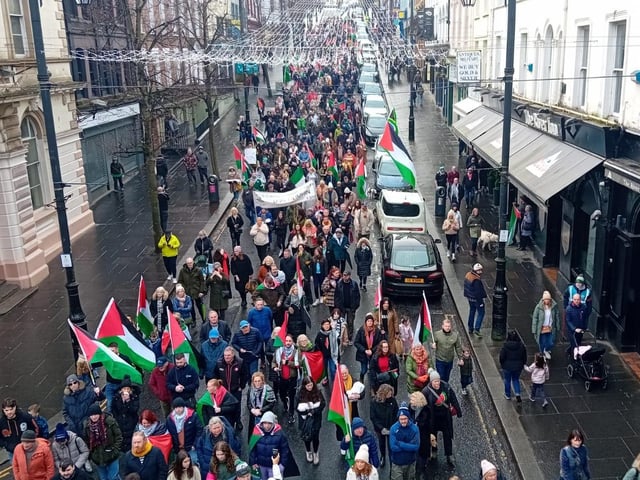 Thousands participate in Derry rally for Palestine calling for a ceasefire in Gaza on January 13, 2024