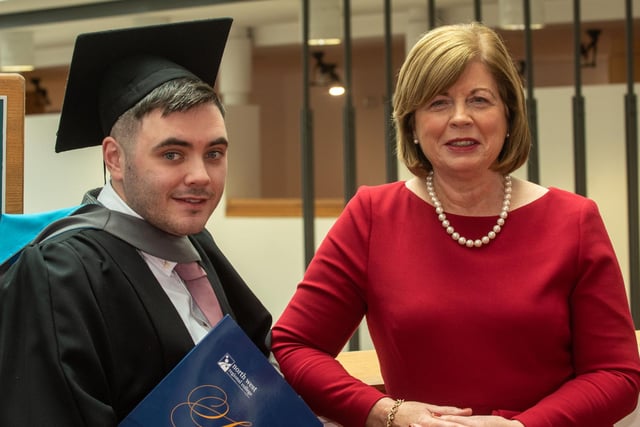 Graduate Jordan McLaughlin pictured at NWRC's Higher Education graduation ceremony with Dr. Catherine O'Mullan, Head of Curriculum and Academic Standards at NWRC. 