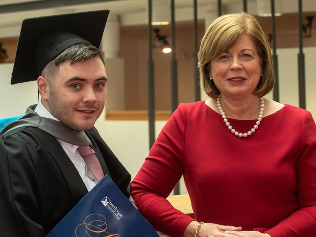 Graduate Jordan McLaughlin pictured at NWRC's Higher Education graduation ceremony with Dr. Catherine O'Mullan, Head of Curriculum and Academic Standards at NWRC.