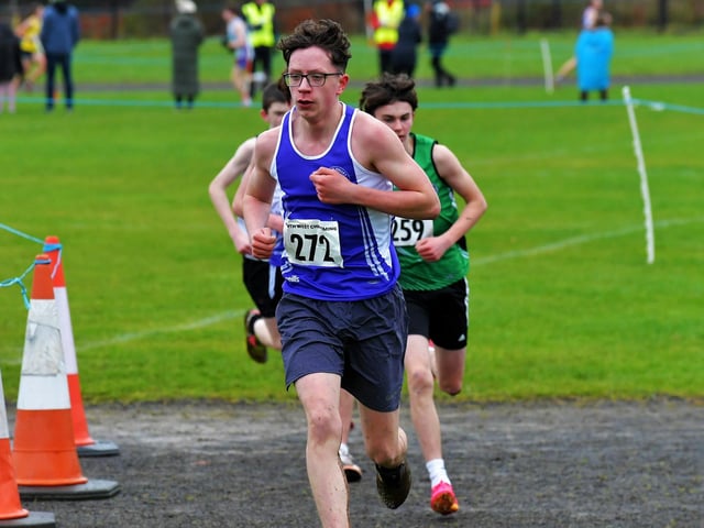 Foyle Valley’s Darragh Mooney (272) competing in the U15/U17 3k race at Thornhill College. Photo: George Sweeney