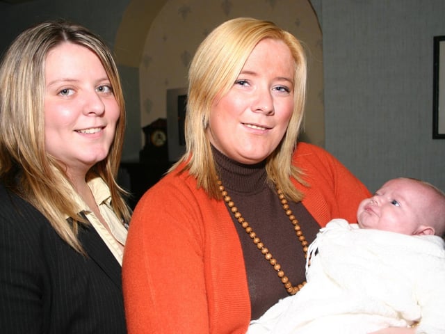 Baby Niamh Orla McClean with mum Orla and Belinda at the Christening Party. 9351dd : Derry Parties & Celebrations October 2005: Baby McClean.