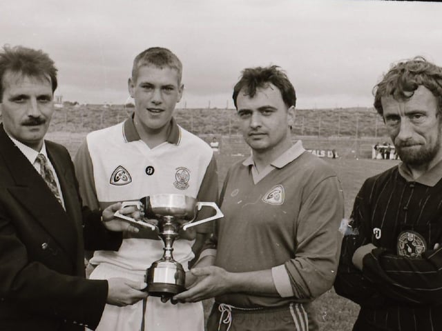 Sports Editor Arthur Duffy presenting the cup at the Derry Journal Cup GAA Final at Celtic Park.