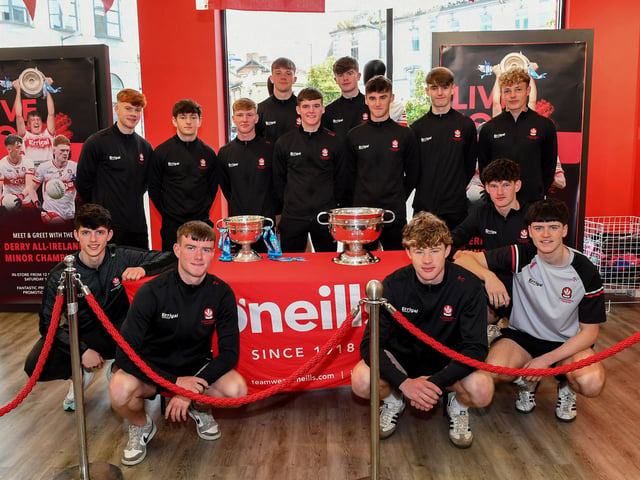 Members of Derry's All-Ireland Minor Champions team at O'Neill's Superstore last week. Photo: George Sweeney