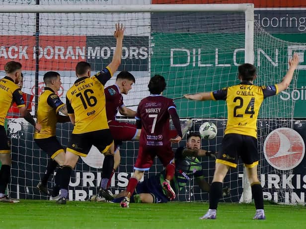 Derry City keeper Brian Maher denies Freddy Draper with a great save at his near post in Drogheda. Photo by Kevin Moore.