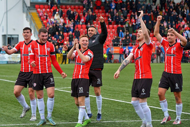 Derry City players celebrate their FAI cup semi-final win over Treaty United. Photo: George Sweeney.  DER2242GS – 013