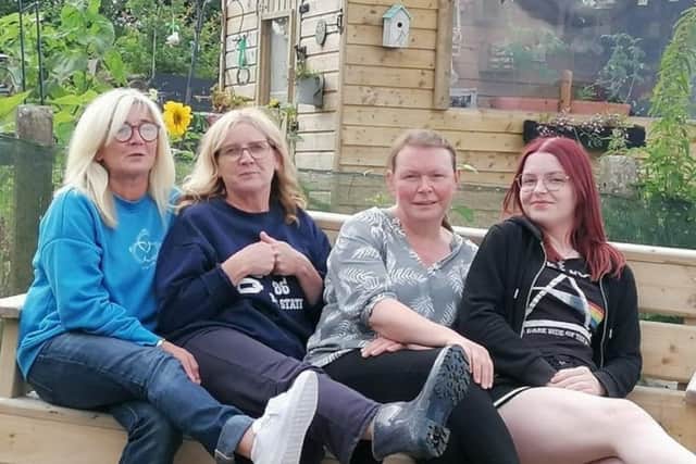 Hive Cancer Support volunteer Theresa Kelly (third from left) pictured with fellow volunteers at the Hive Cancer Support allotment in Ballymagowan, Creggan.