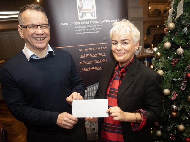 Steven Lindsay, Inner City Trust, pictured handing over a cheque to Leanne Doherty, Hurt, at the Bishop's Gate Hotel, Derry on Thursday afternoon last. The event was part of the Inner City Trust's Annual Charity Giving. (Photos: Jim McCafferty Photography)