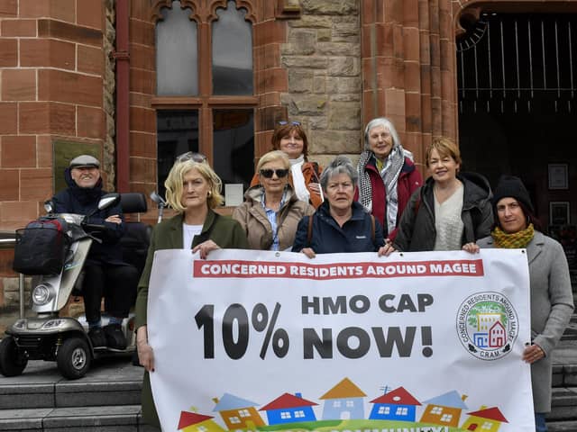Concerned Residents Around Magee (CRAM) gather in Guildhall Square on Wednesday afternoon calling for a 10% cap on homes of multiple occupancy (HMO) prior to attending the DCSDC Planning meeting.  Photo: George Sweeney