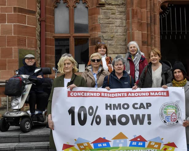 Concerned Residents Around Magee (CRAM) gather in Guildhall Square on Wednesday afternoon calling for a 10% cap on homes of multiple occupancy (HMO) prior to attending the DCSDC Planning meeting.  Photo: George Sweeney