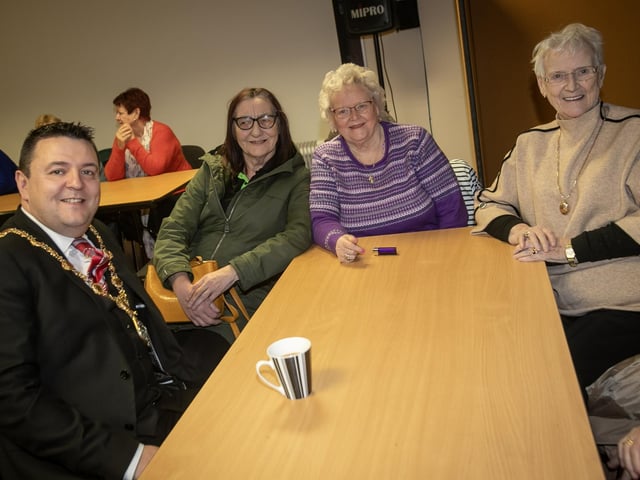 The Mayor Ruairi McHugh pictured with some of the ladies  at the  Rathmor Women's 50+ Club on Tuesday. : Mayor visits Rathmore 50+ Women's Club.