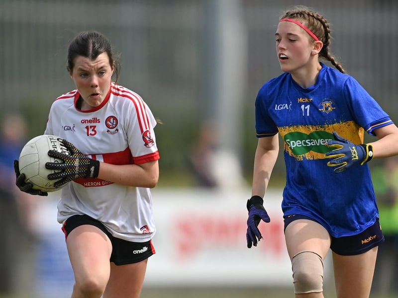 Action from the 2023 All-Ireland U14 Gold Final between Derry and Tipperary at Clan na Gael GAA Club in Dundalk, Louth. Photo by Stephen Marken/Sportsfile