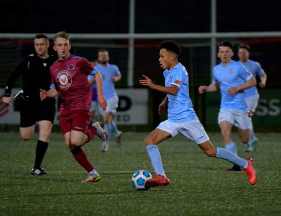 Teenager Trent Kone-Doherty in Derry City action against Institute during the Bill Kee Memorial Cup game at Brandywell.