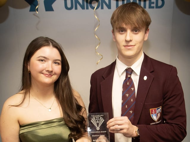 Derry Credit Union's Annual Young People's Awards 2025 winner Matthew Cairns receiving his Innovation Award from Sarah Lindsay, Youth Committee member, at the Waterfoot Hotel on Monday evening.