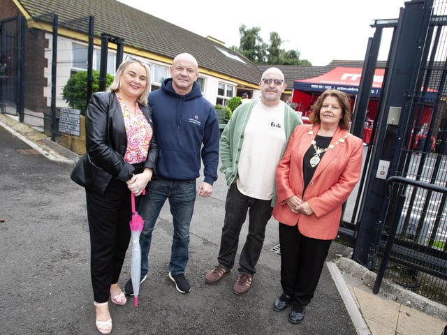 Pictured at Friday's House in the Wells Barbecue are from left, Sandra Duffy and Liam McLaughlin, First Housing Aid Support Services, Andy Bonner, manager, House in the Wells and the Mayor, Patricia Logue.